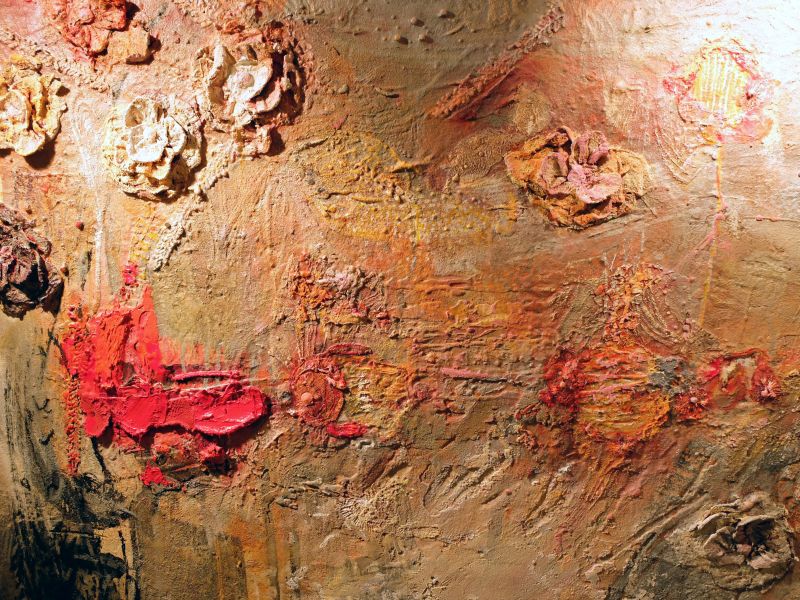 Collage von Georg Brandner mit Textilelementen von Reisen.