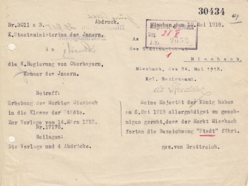 Das Telegramm mit der Bestätigung zur Stadterhebung trifft am 10. Mai 1919 in Miesbach ein.