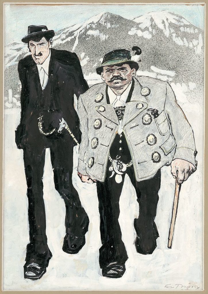 Eduard Thöny: Kirchgang (Zwei oberbayrische Bayern), 1910, Simplicissimus Jg.14, Heft 42