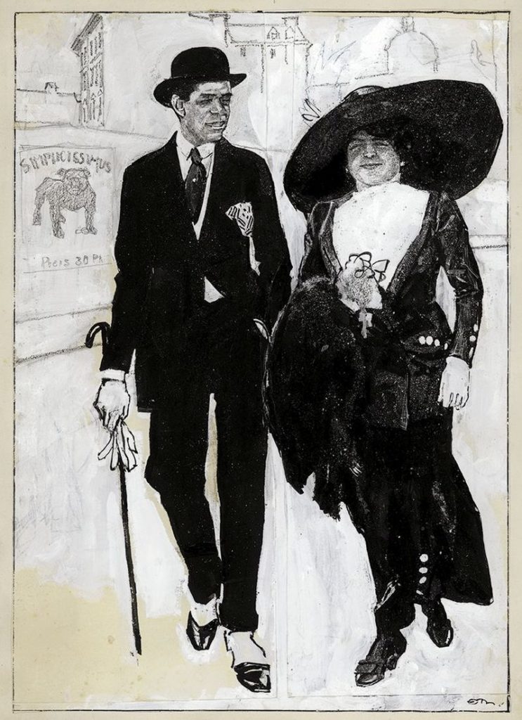Foto: Eduard Thöny: Das Vaterland ruft!, 1912 Simplicissimus Jg. 17, Heft 33: „Wenn Russland mobil macht, werde ich noch am selben Abend nach Petersburg fahren.“ – „Wollen Sie als Krankenschwester mitgehen?“ – „Nein, aber mit einem Offizier der Kriegskassenverwaltung werde ich gehen.“