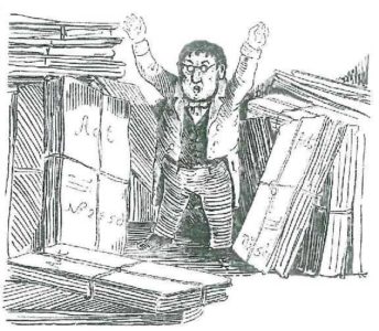 Der „Staatshämorrhoidarius“ kehrt ins Büro zurück und ist umzingelt von Akten.