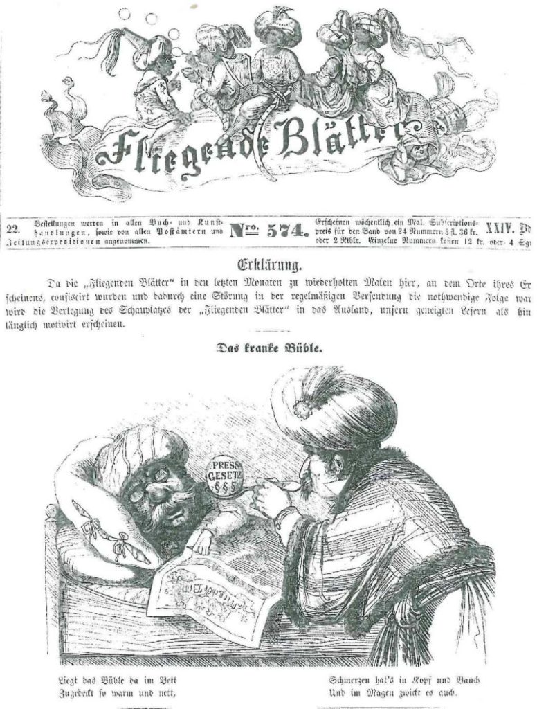 Auf der Titelseite der Protestnummer der „Fliegenden Blätter“ von 1856 wurden alle Personen mit dem orientalischen Turban versehen. Franz von Pocci 