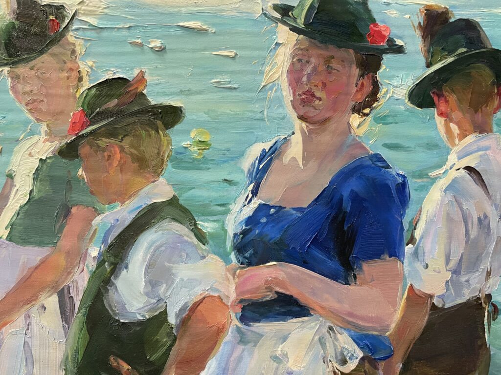 Die Farben von See und Tracht verschmelzen bei „Warten auf den Auftritt“ (Ausschnitt). Repro: IW